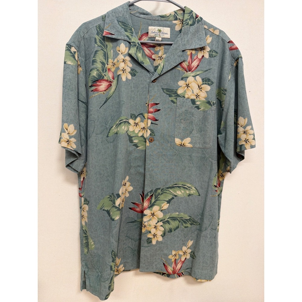Island Shores Mens Large Blue Floral Washable Silk Short Sleeve Aloha Camp Shirt